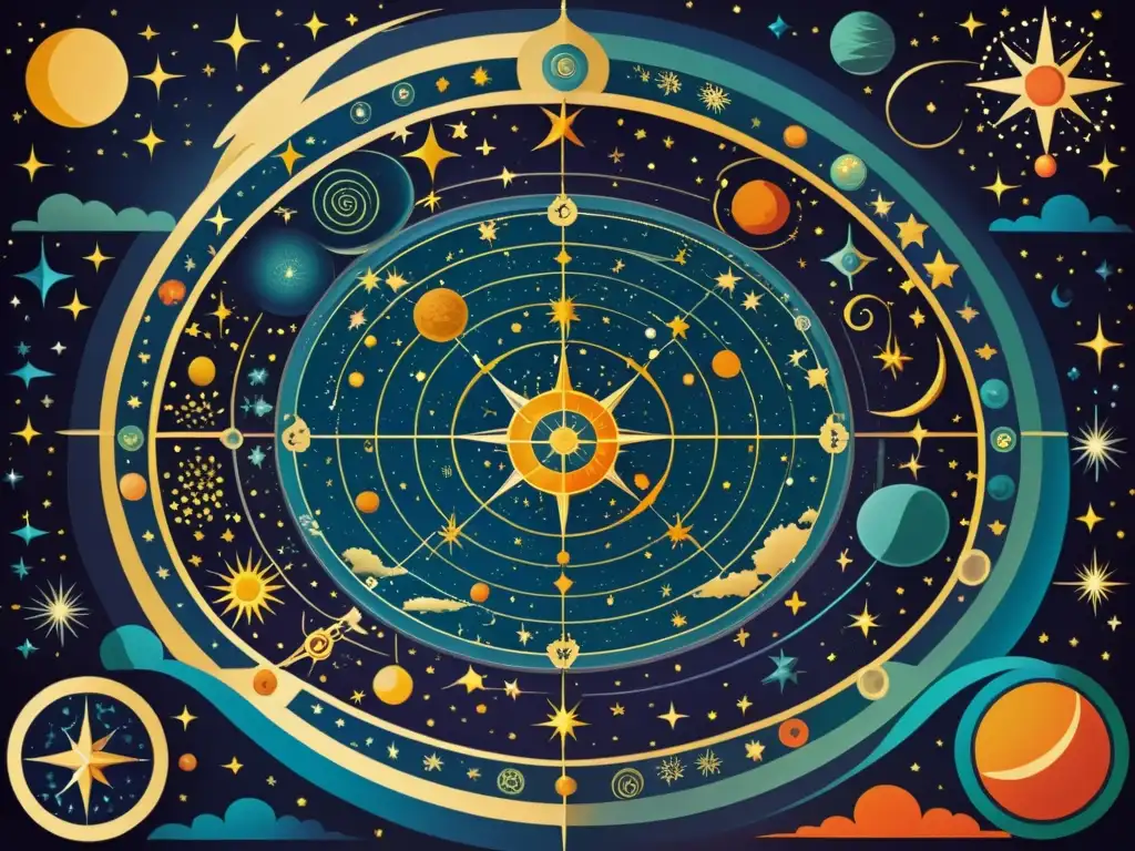 Una ilustración vintage de un mapa celestial detallado con constelaciones entrelazadas con elementos artísticos