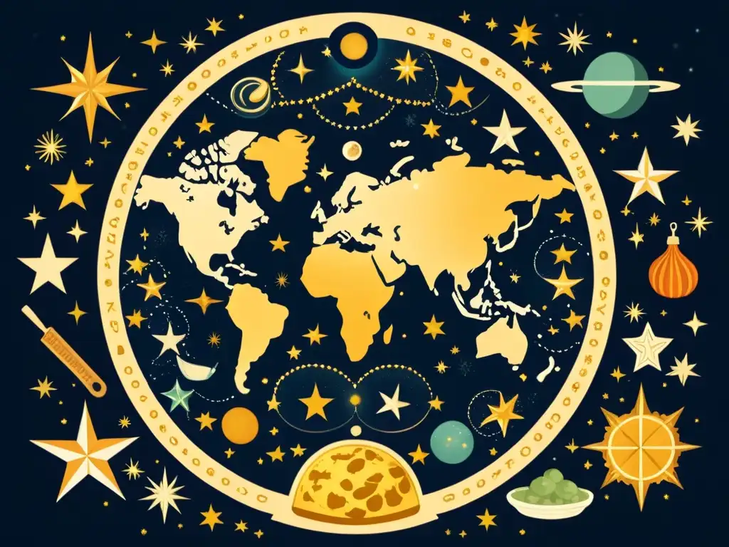 Una ilustración vintage de un mapa celestial con elementos gastronómicos entrelazados con constelaciones y figuras mitológicas