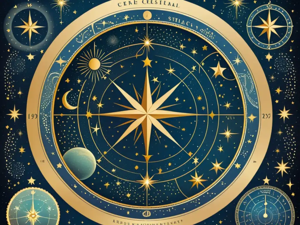 Una ilustración vintage de un mapa celestial destacando estrellas centrales y sus constelaciones, detallado con tonos terrosos y líneas delicadas