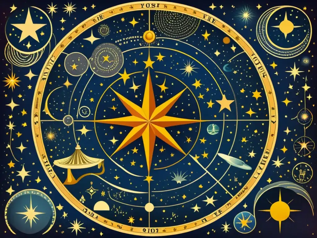 Mapa estelar vintage: mitología celestial Una ilustración vintage de un mapa estelar con intrincadas constelaciones y figuras celestiales, en tonos cálidos y detallados