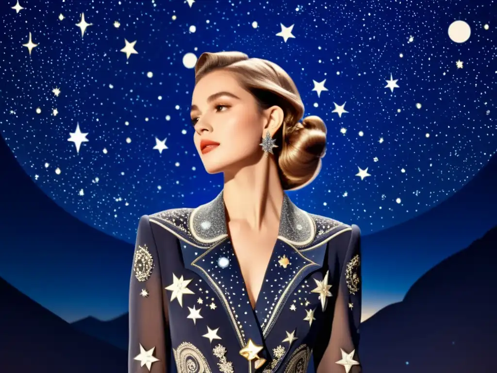 Una ilustración de moda vintage inspirada en constelaciones estelares, con una modelo rodeada de motivos celestiales y un elegante fondo de noche estrellada