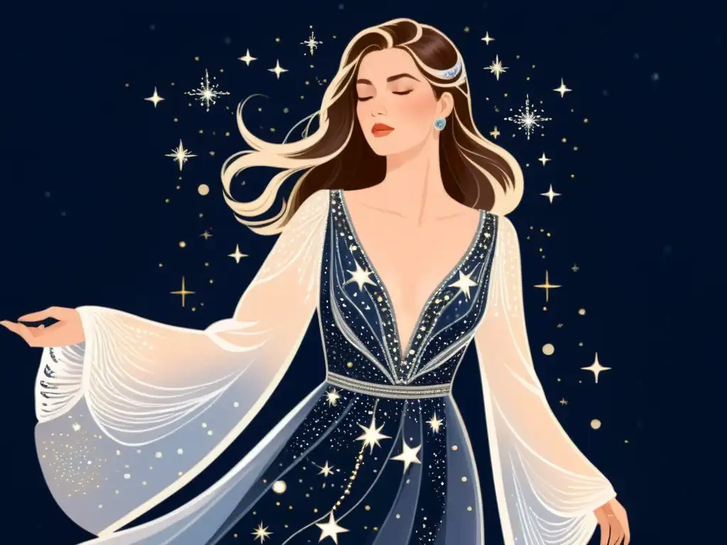 Una ilustración de moda vintage con un vestido celestial, inspiración cósmica en la moda, y un ambiente etéreo de ensueño