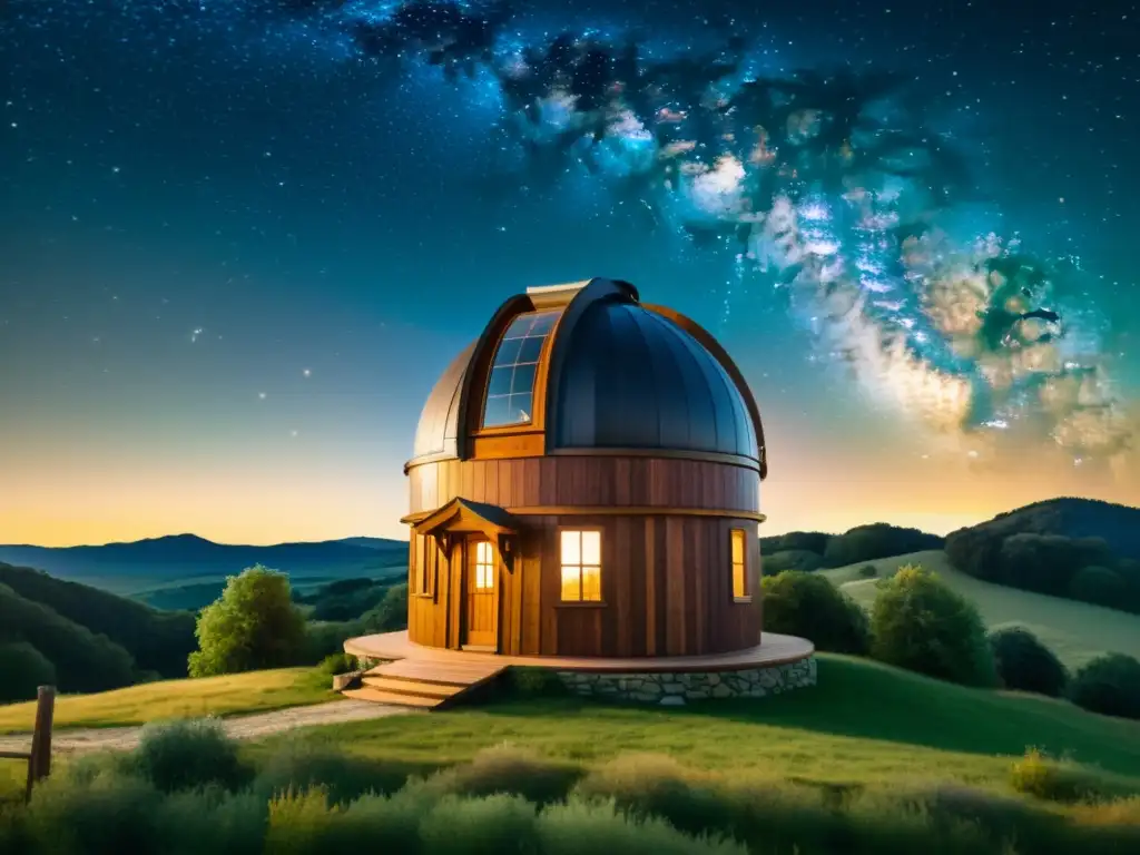 Una ilustración de un observatorio astronómico rústico en el campo, bajo un cielo estrellado