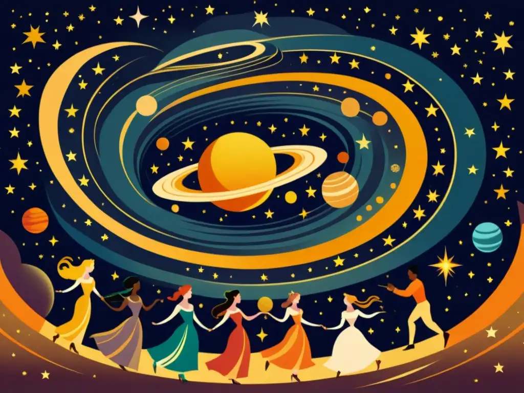 Una ilustración vintage de un salón celestial con planetas como elegantes bailarines