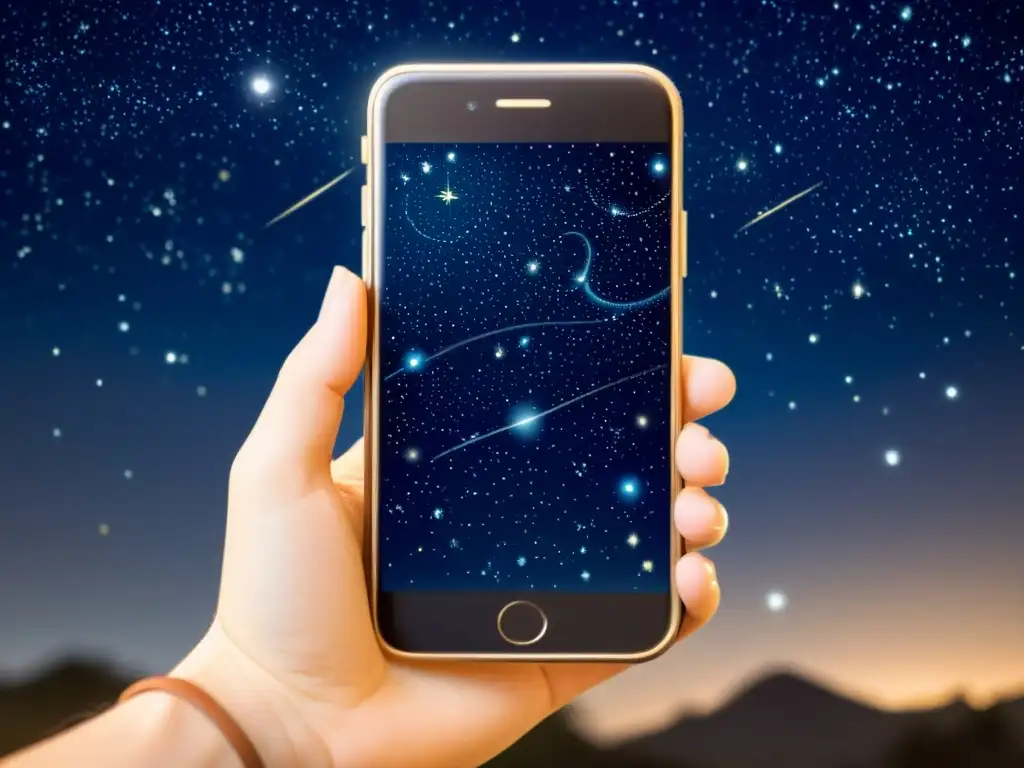 Una ilustración vintage de un smartphone mostrando el cielo nocturno con constelaciones y planetas