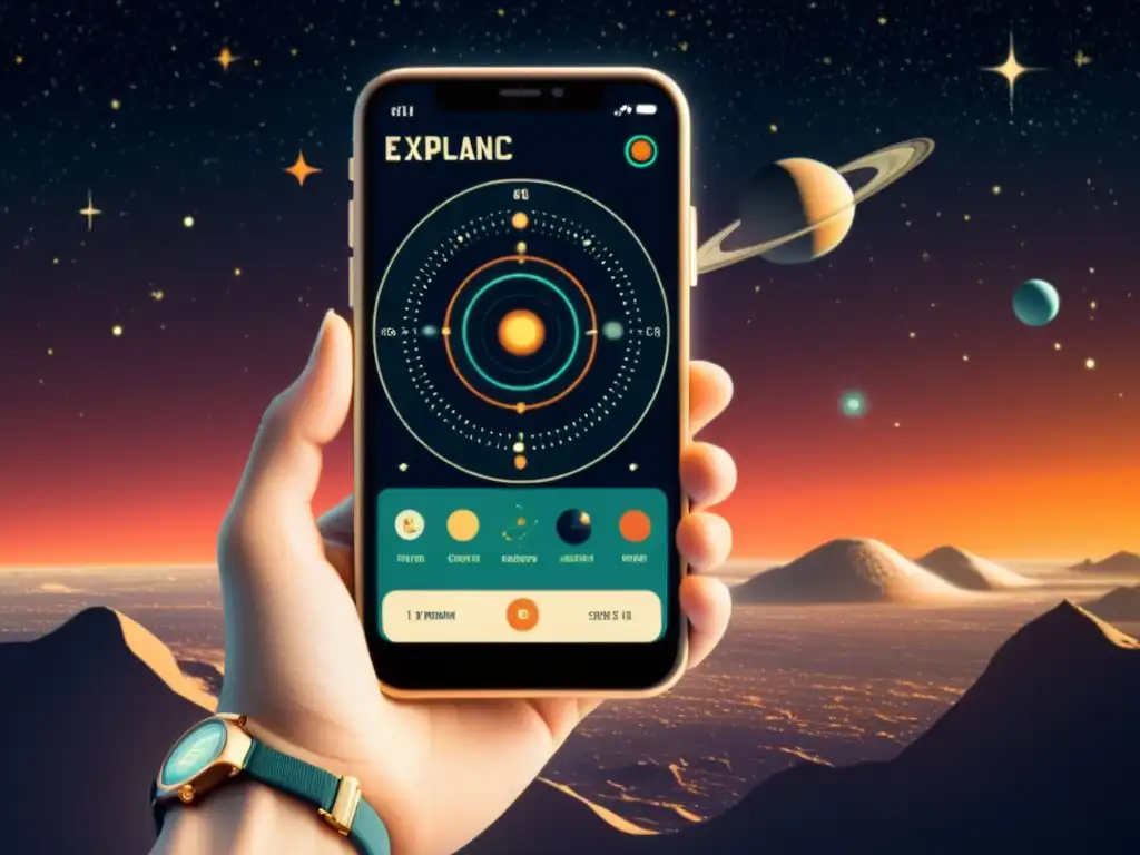 Una ilustración vintage de un teléfono móvil con fondo celestial, mostrando una app para explorar exoplanetas