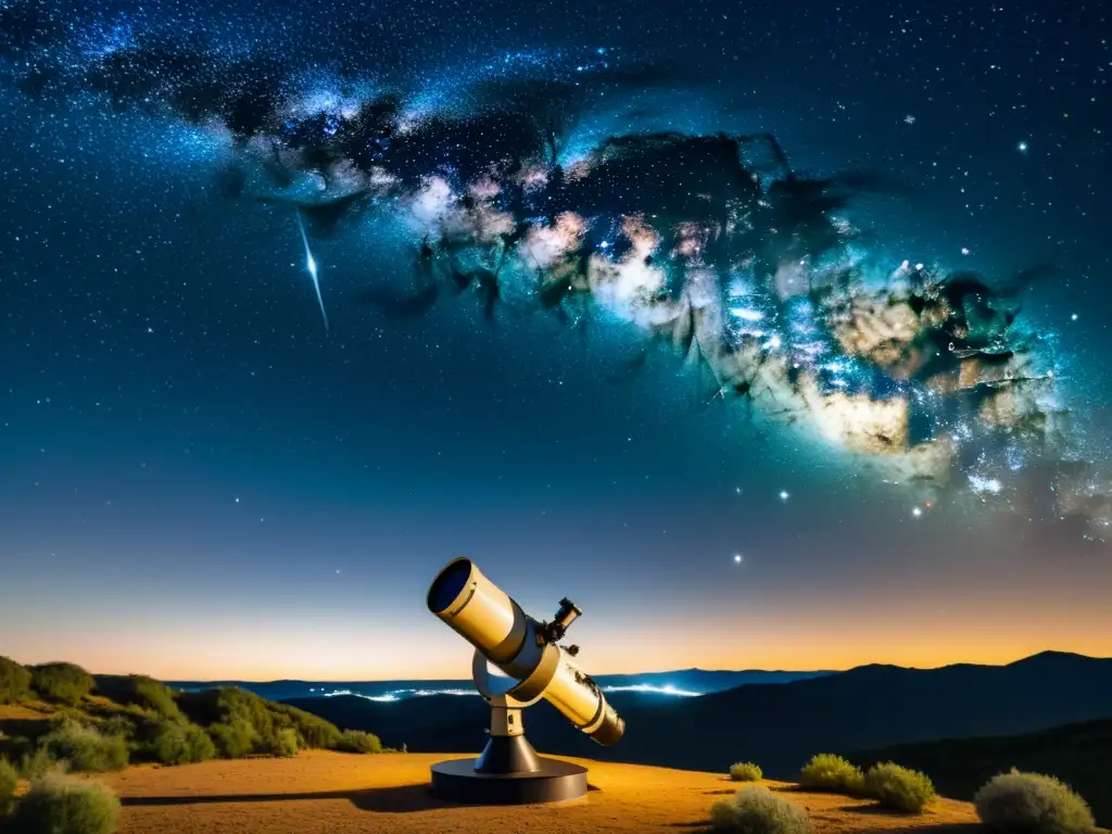 Una ilustración vintage de un telescopio de campo amplio en un cielo estrellado, evocando asombro y la exploración detallada de constelaciones