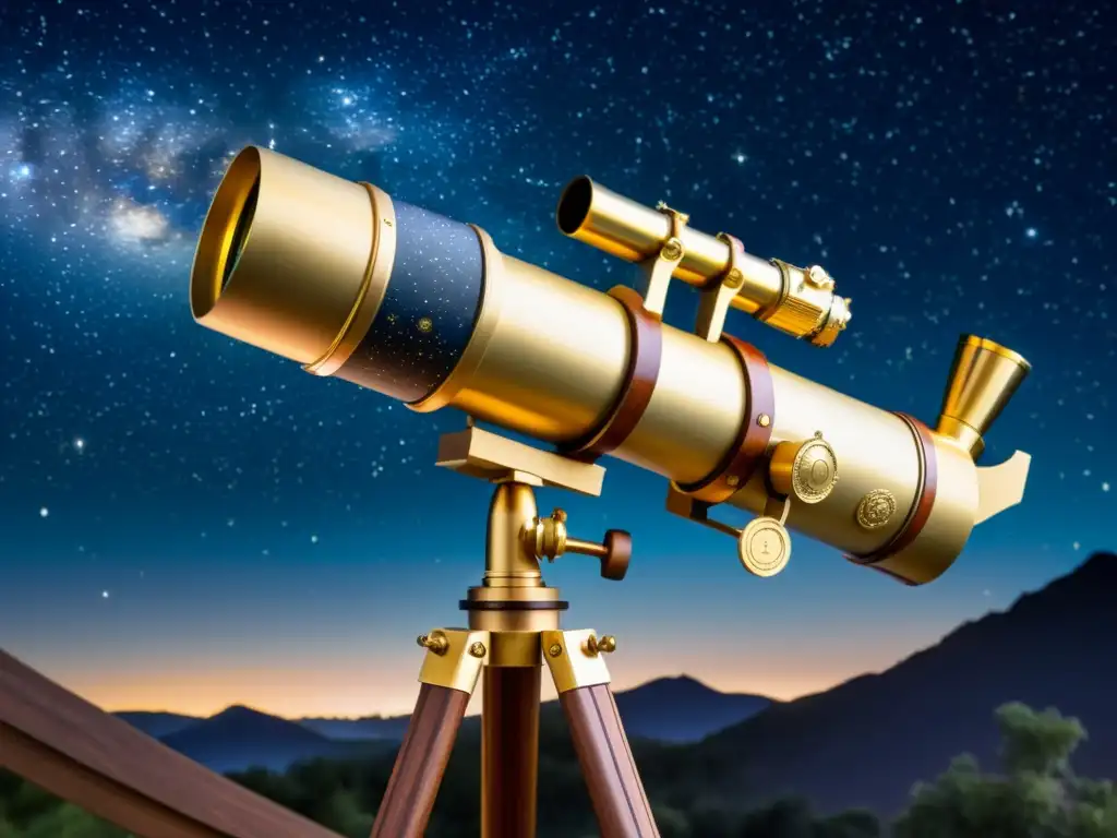 Una ilustración vintage de un telescopio apuntando hacia un cielo estrellado, con detalles de constelaciones y nebulosas