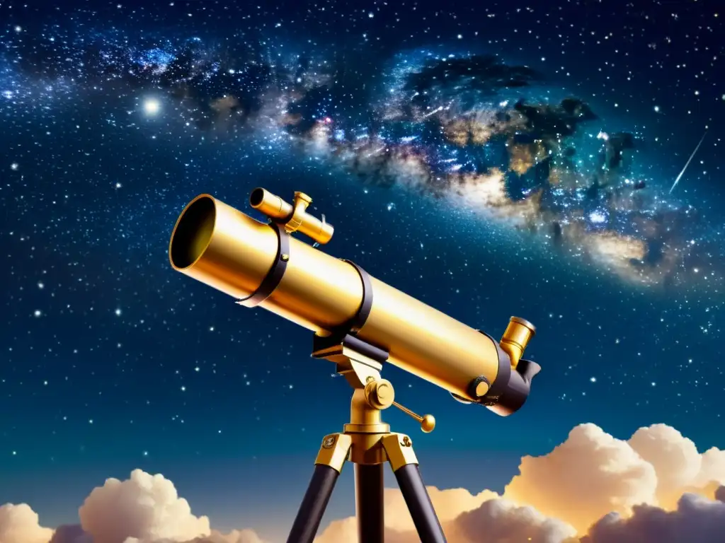 Una ilustración vintage de un telescopio apuntando hacia un cielo estrellado, con constelaciones y galaxias