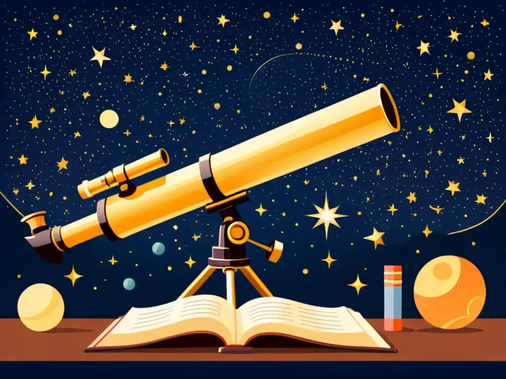 Una ilustración vintage de un telescopio en un cielo estrellado, rodeado de instrumentos científicos, libros y notas