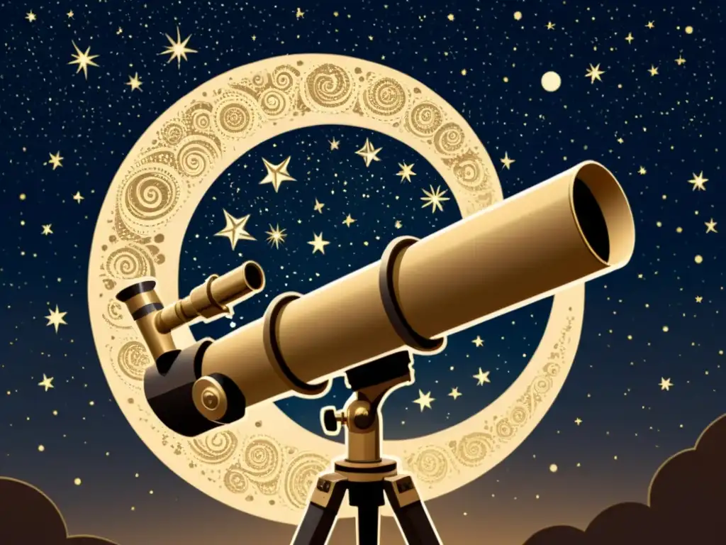 Una ilustración vintage de un telescopio apuntando hacia el cielo nocturno, con detalles de cuerpos celestes y galaxias a través del lente