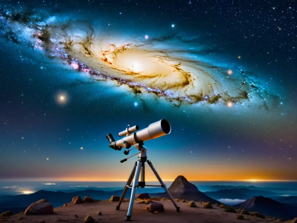 Una ilustración vintage de un telescopio apuntando hacia el cielo nocturno, capturando la vista impresionante de galaxias lejanas más allá de la Galaxia de Andrómeda