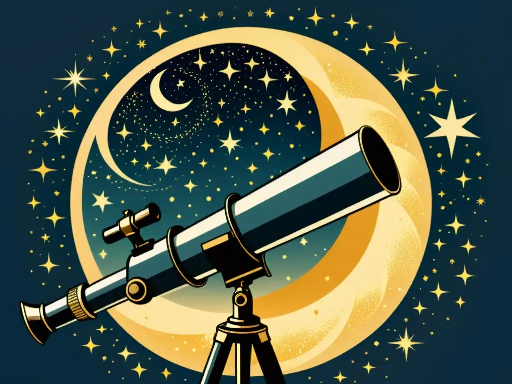 Una ilustración vintage de un telescopio apuntando al cielo nocturno, con estrellas brillantes y una atmósfera de ensueño