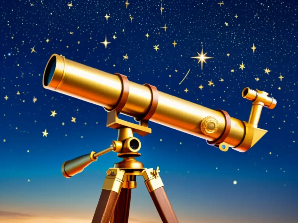 Una ilustración vintage de un telescopio apuntando al cielo nocturno, con constelaciones e estrellas detalladas