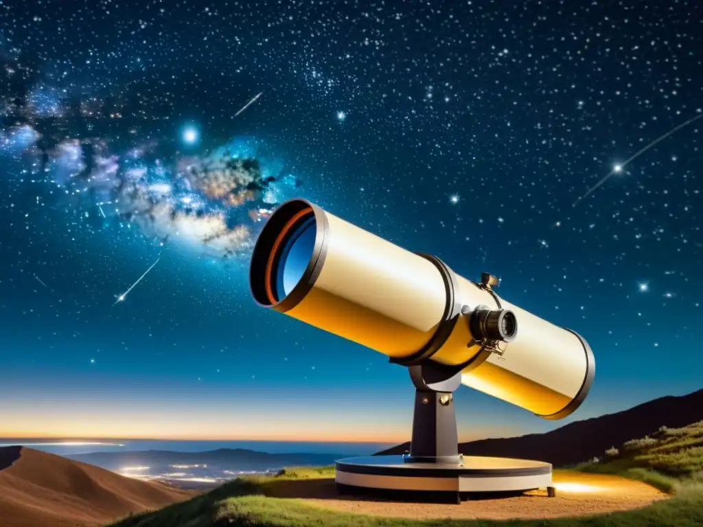 Una ilustración vintage de un telescopio controlado por computadora capturando una imagen asombrosa de un objeto celestial distante, rodeado de constelaciones y galaxias, transmitiendo la emoción de la exploración cósmica con telescopios controlados