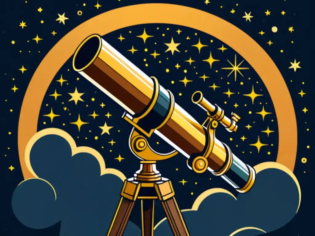 Una ilustración vintage de un telescopio con detalles de latón, sobre un cielo estrellado