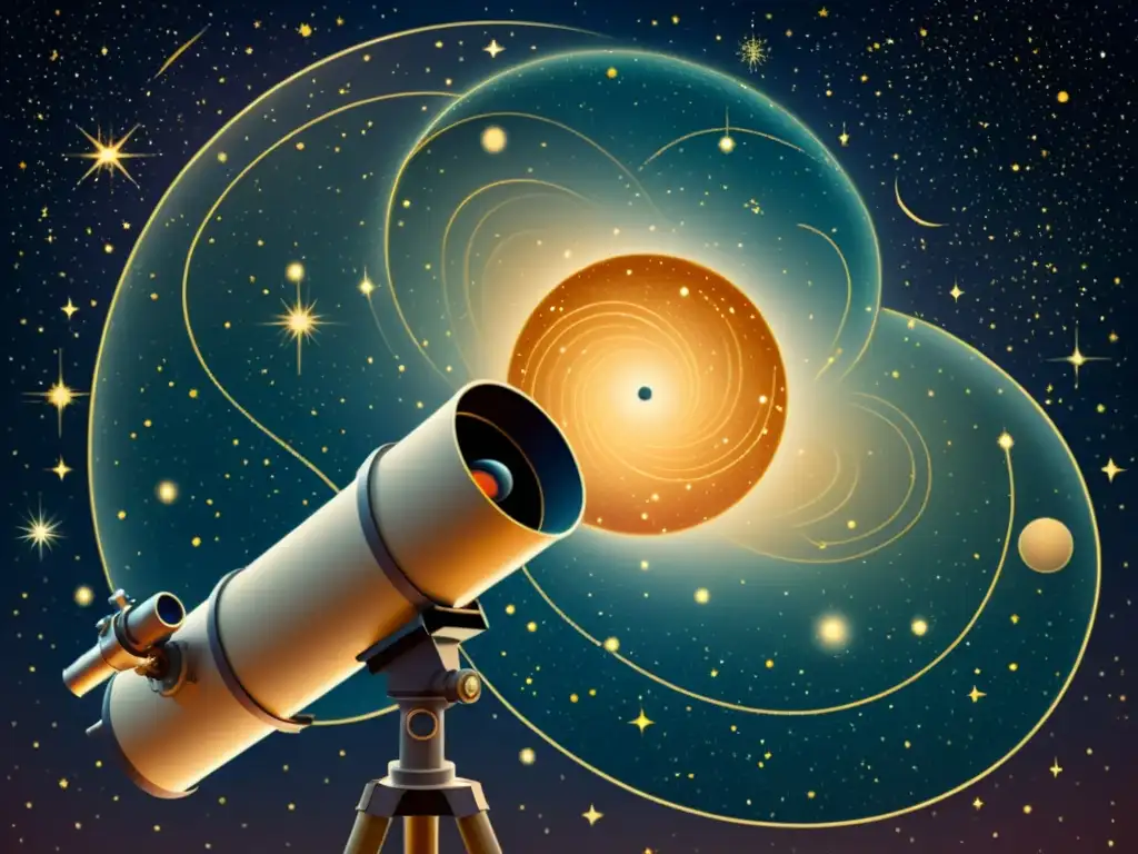 Una ilustración vintage de un telescopio capturando una exploración detallada de constelaciones en el cielo nocturno, rodeado de nebulosas y galaxias distantes, evocando asombro y exploración en el universo