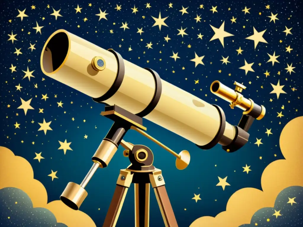 Una ilustración vintage de un telescopio montado en una sofisticada montura ecuatorial, apuntando hacia una constelación en el cielo estrellado