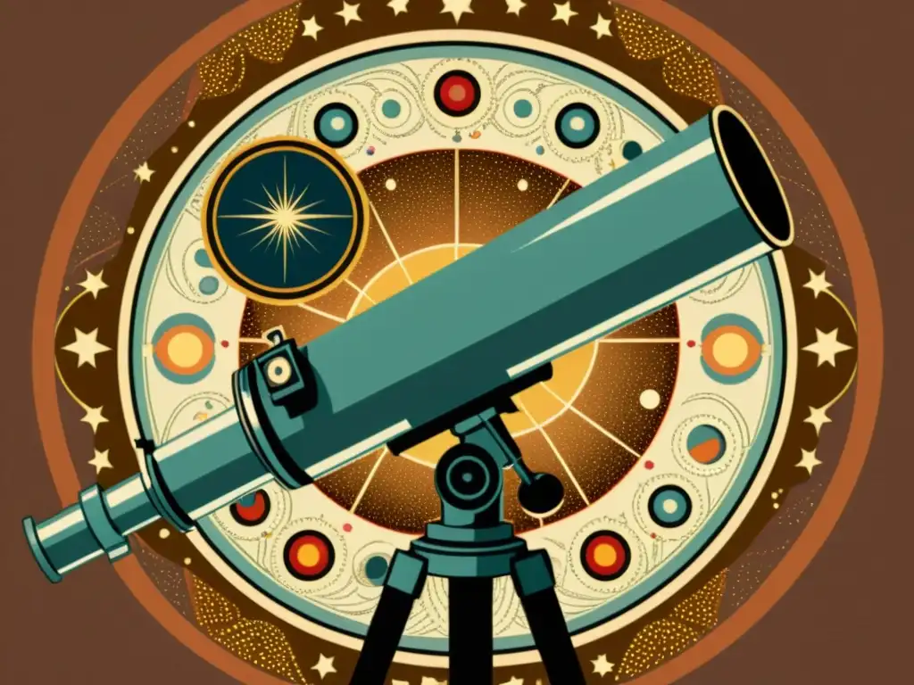 Una ilustración vintage de un telescopio rodeado por collimadores láser y ópticos, con grabados detallados y decoraciones intrincadas