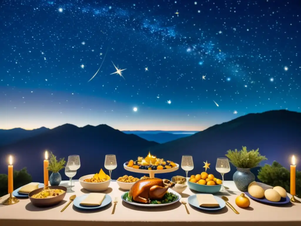 Una ilustración vintage de un banquete temático celestial, con una mesa larga adornada con platos e inspirada en constelaciones y elementos cósmicos