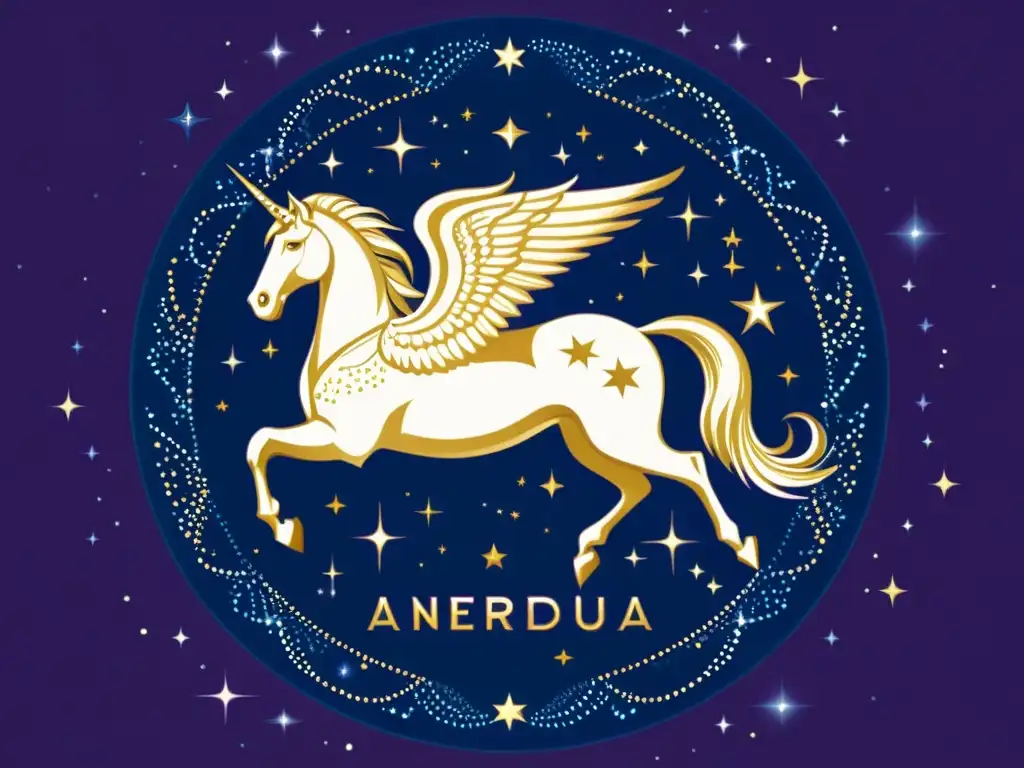 Una ilustración vintage de las constelaciones de Pegaso y Andrómeda, con Alpheratz en el centro, rodeadas de estrellas y figuras celestiales en un fondo cósmico azul y morado