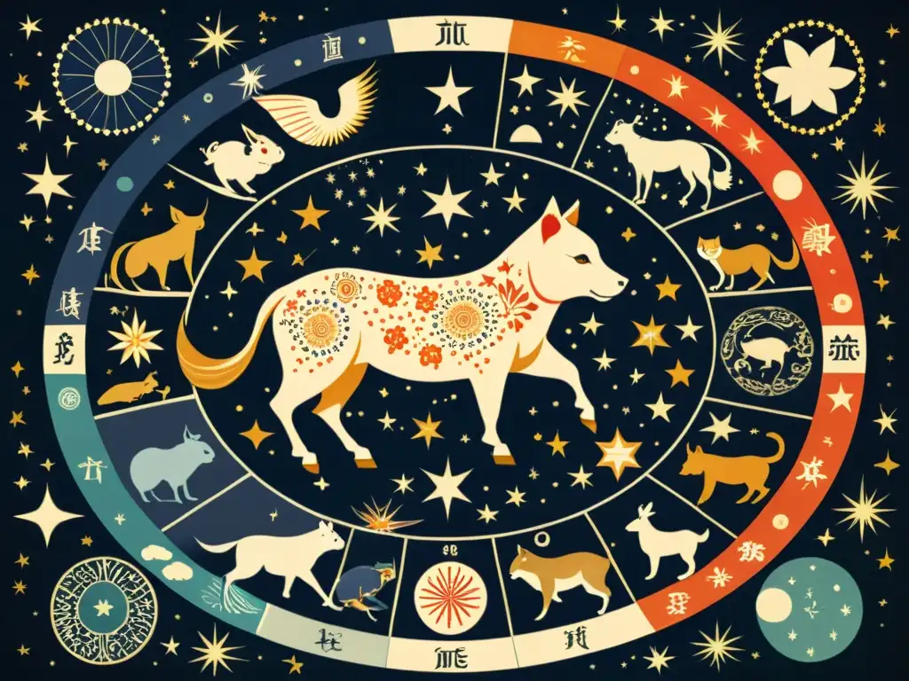 Una ilustración vintage de las constelaciones del zodiaco japonés con detalles intrincados de cada animal y sus patrones celestiales correspondientes