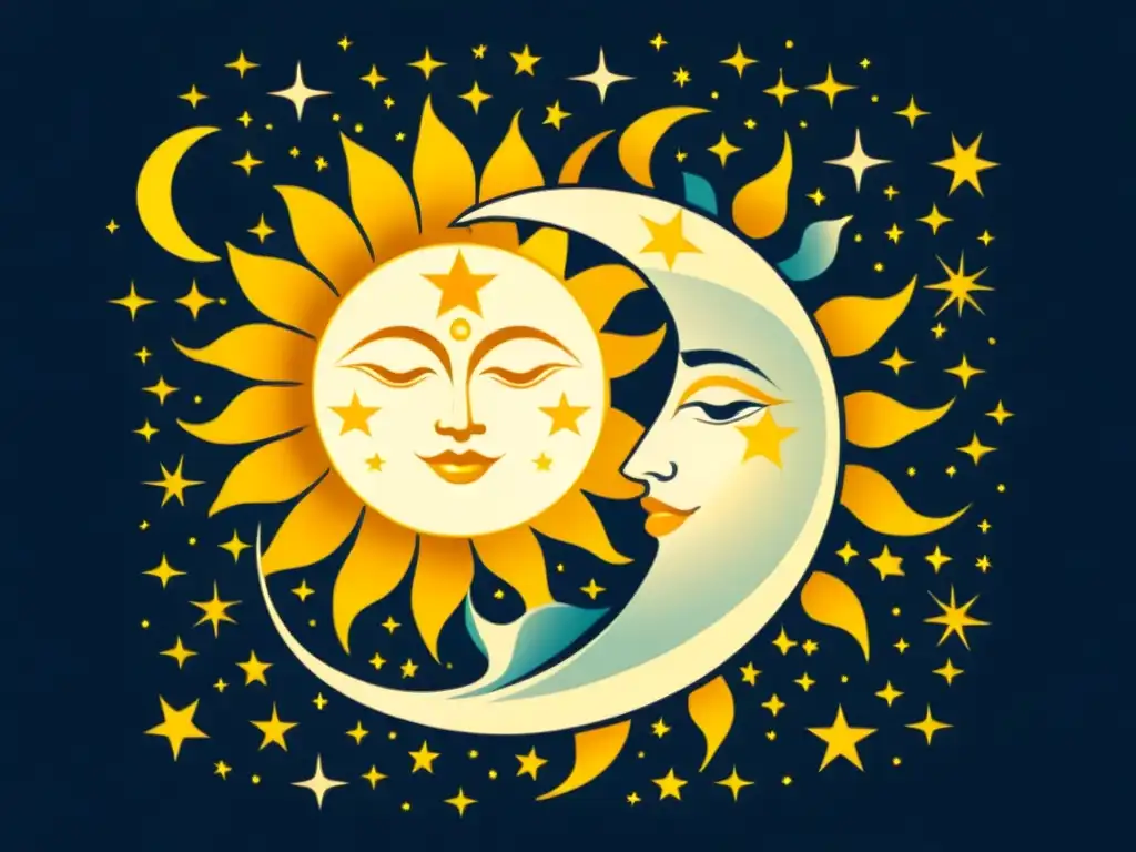 Dioses Sol y Luna: Majestuosidad Celestial Una ilustración vintage de los dioses sol y luna, con una atmósfera mística y un toque de arte mitológico celestial