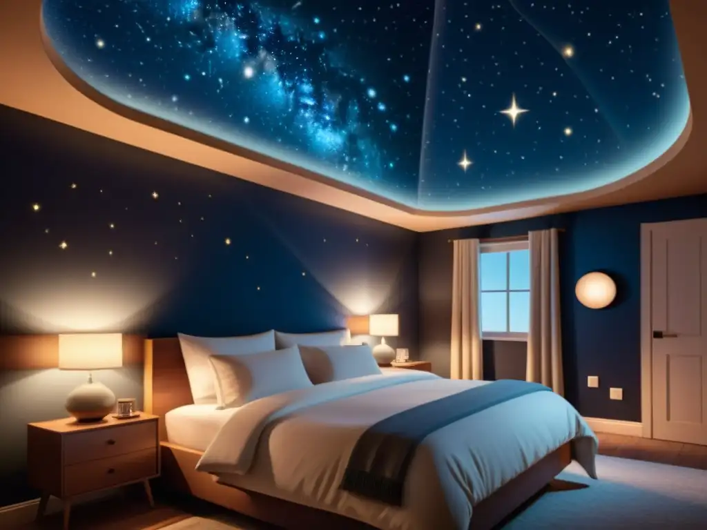 Una ilustración vintage de un dormitorio oscurecido con una app de planetario móvil proyectando un realista cielo estrellado en el techo