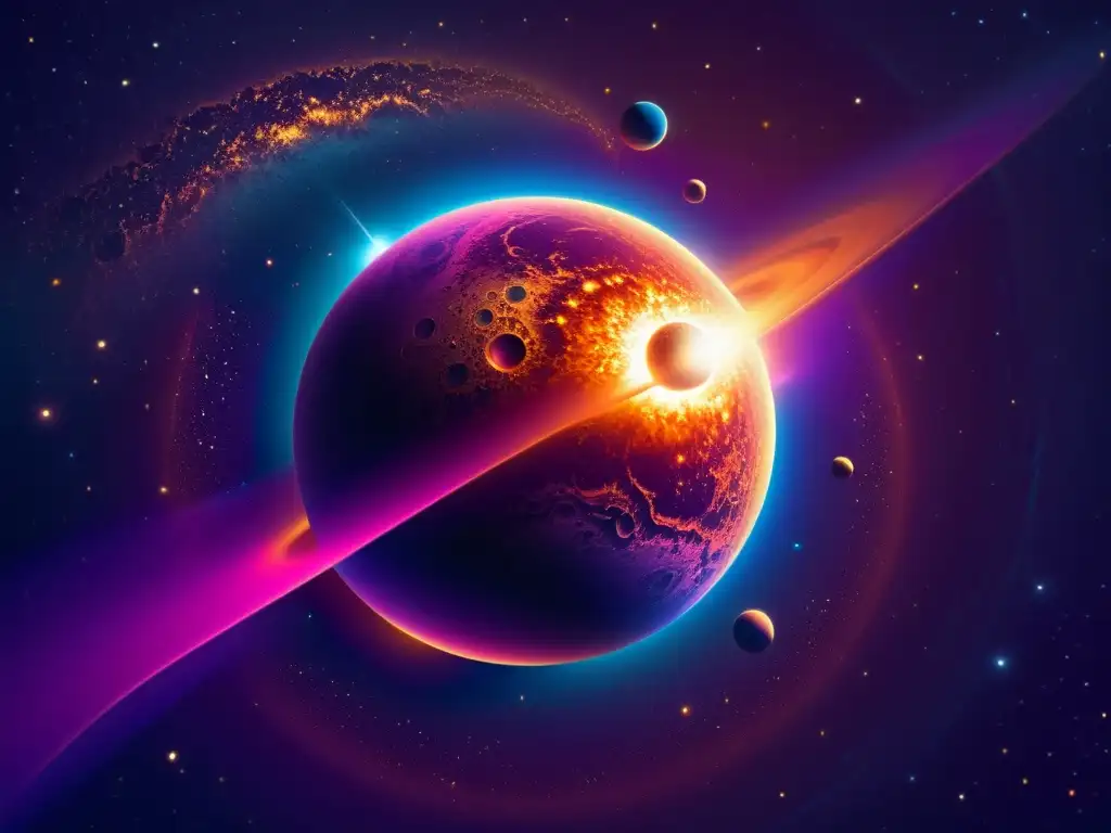 Planeta exótico en órbita de estrella vibrante Una ilustración vintage de un exoplaneta lejano orbitando una estrella vibrante y otro mundo