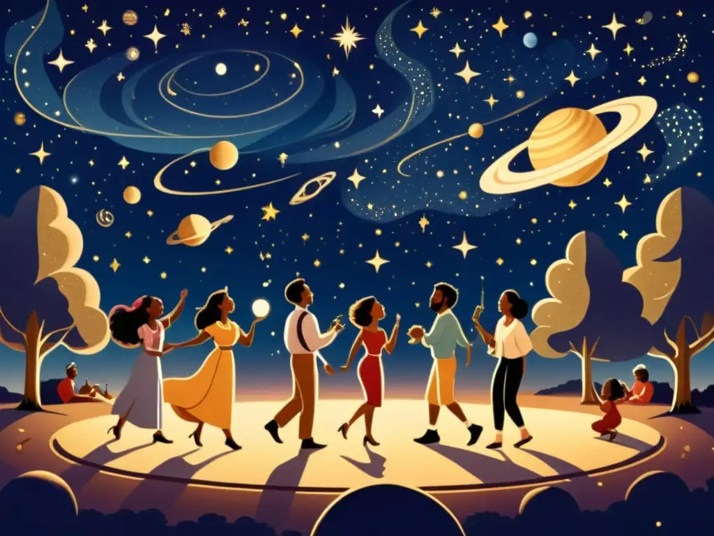 Una ilustración vintage de un festival celestial, con personas bailando y tocando música bajo un cielo estrellado