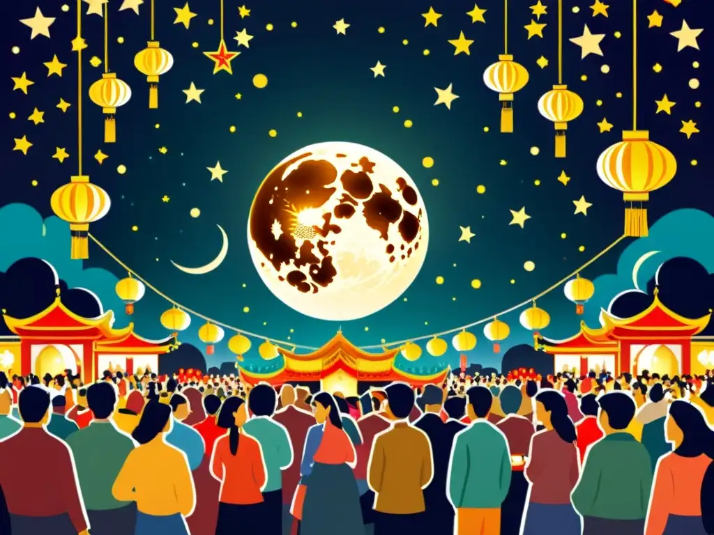 Una ilustración vintage de un festival de linternas asiáticas bajo la Luna, con el brillo cálido y la conexión comunitaria