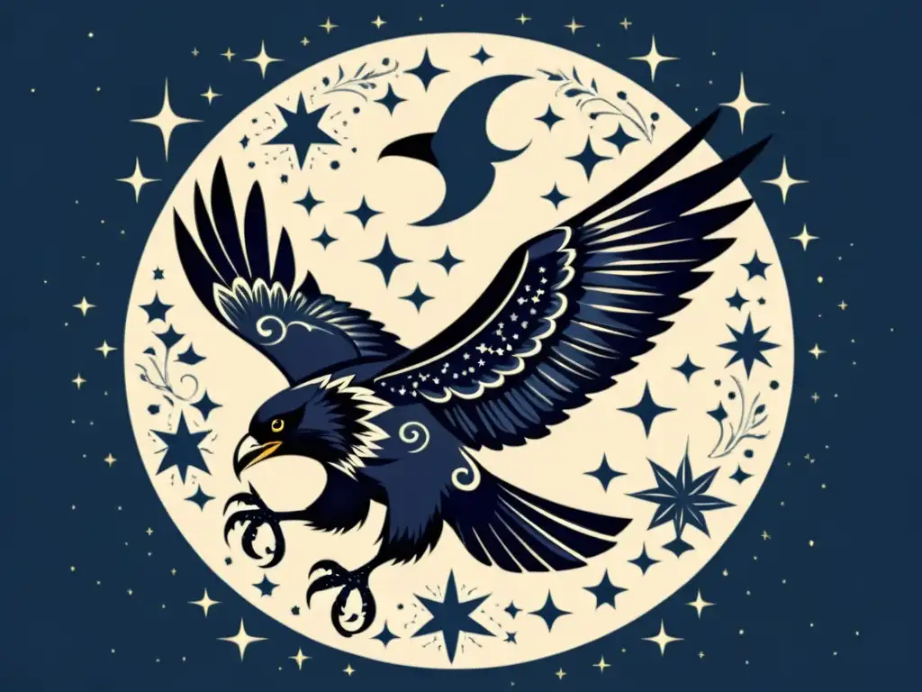 Una ilustración vintage del firmamento nocturno con las constelaciones mitológicas de Odin: Huginn y Muninn, majestuosos cuervos en el cosmos