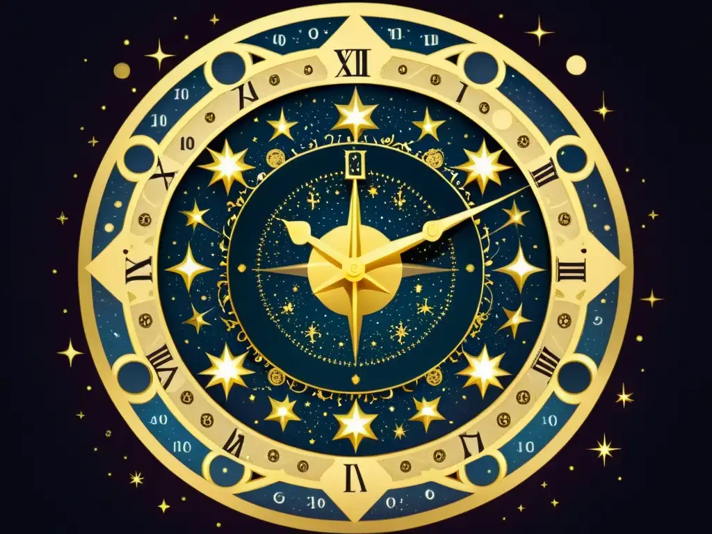 Una ilustración vintage del Horologium, con mecanismos de reloj entrelazados con estrellas, en un cielo oscuro y aterciopelado