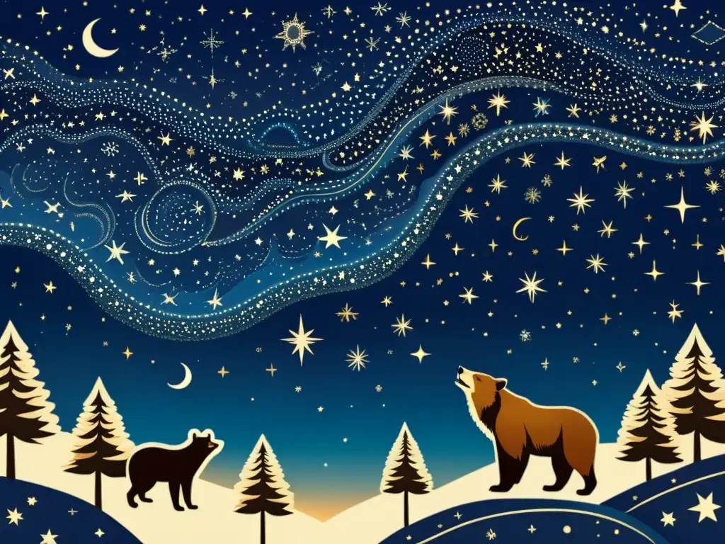 Una ilustración vintage impresionante de un cielo nocturno lleno de intrincadas constelaciones y símbolos de animales celestiales nativos