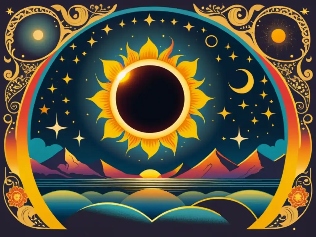 Una ilustración vintage impresionante de un eclipse solar sobre el subcontinente indio, con detalles intrincados de los cuerpos celestes y el paisaje