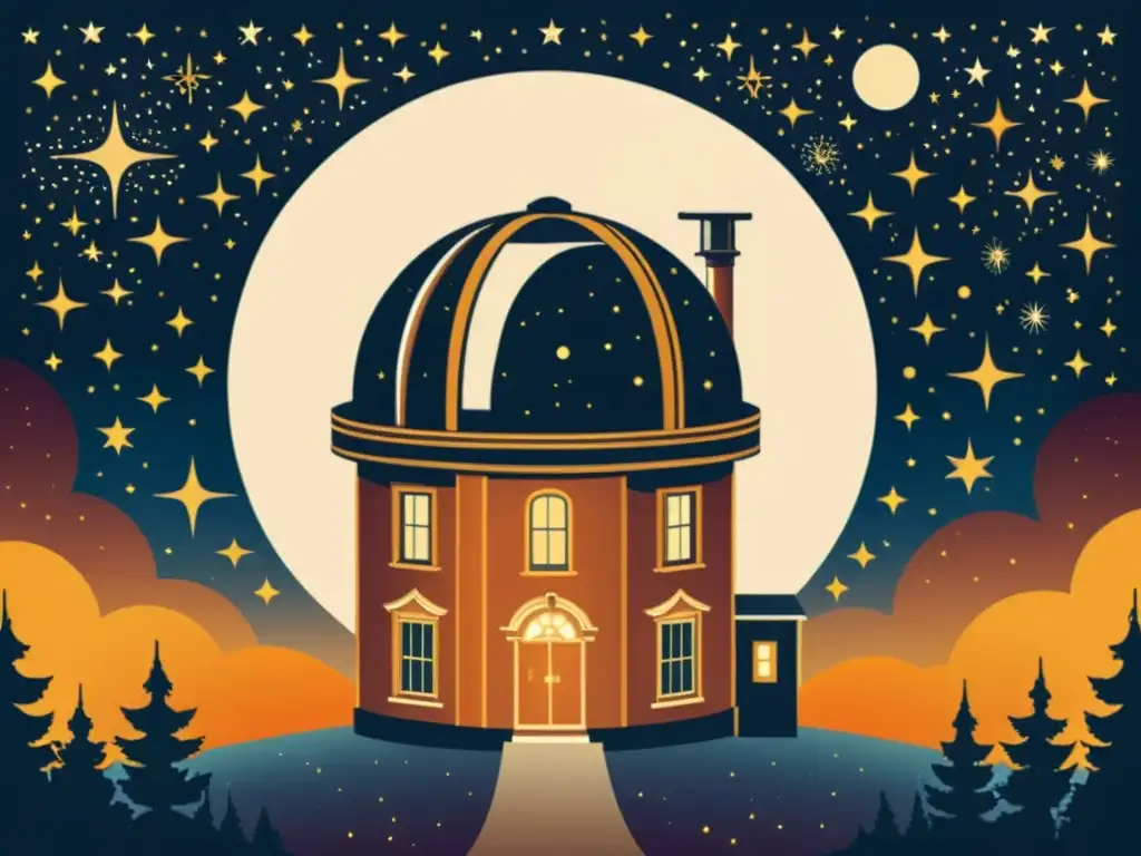 Una ilustración vintage impresionante de un observatorio con telescopio bajo un cielo estrellado, evocando la maravilla de la observación estelar con herramientas digitales