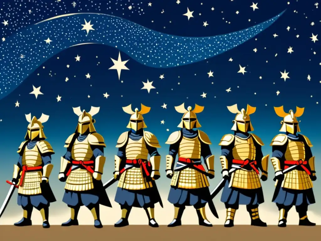 Una ilustración vintage impresionante de samuráis bajo un cielo estrellado, evocando mitología asociada con constelaciones Samurai