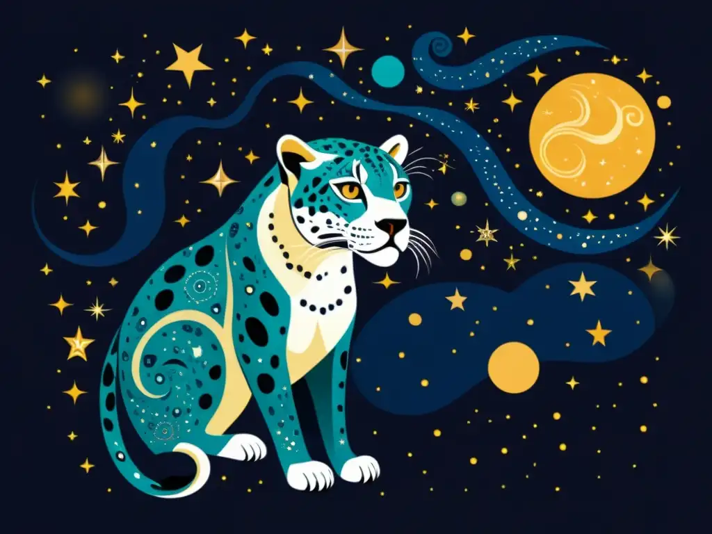 Una ilustración vintage de un jaguar como constelación en el cielo estrellado, rodeado de cuerpos celestes