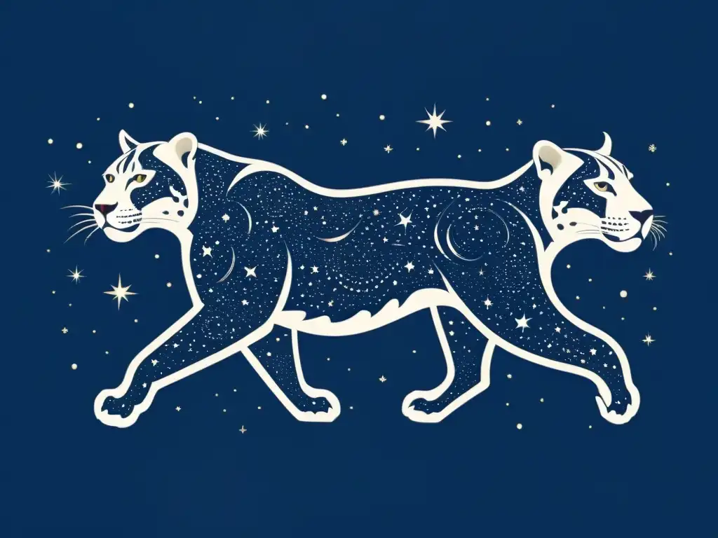 Una ilustración vintage de un jaguar en constelaciones, con un cielo nocturno lleno de estrellas brillantes