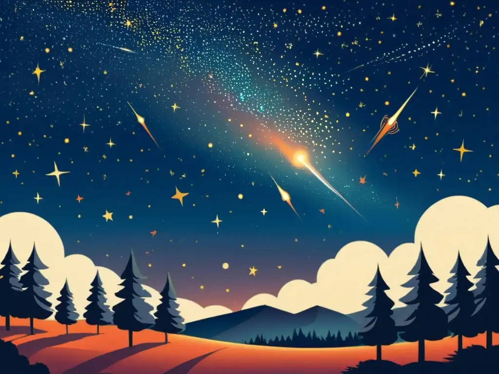 Una ilustración vintage de las mágicas Perseidas en noches de agosto, con meteóros vibrantes surcando el cielo estrellado