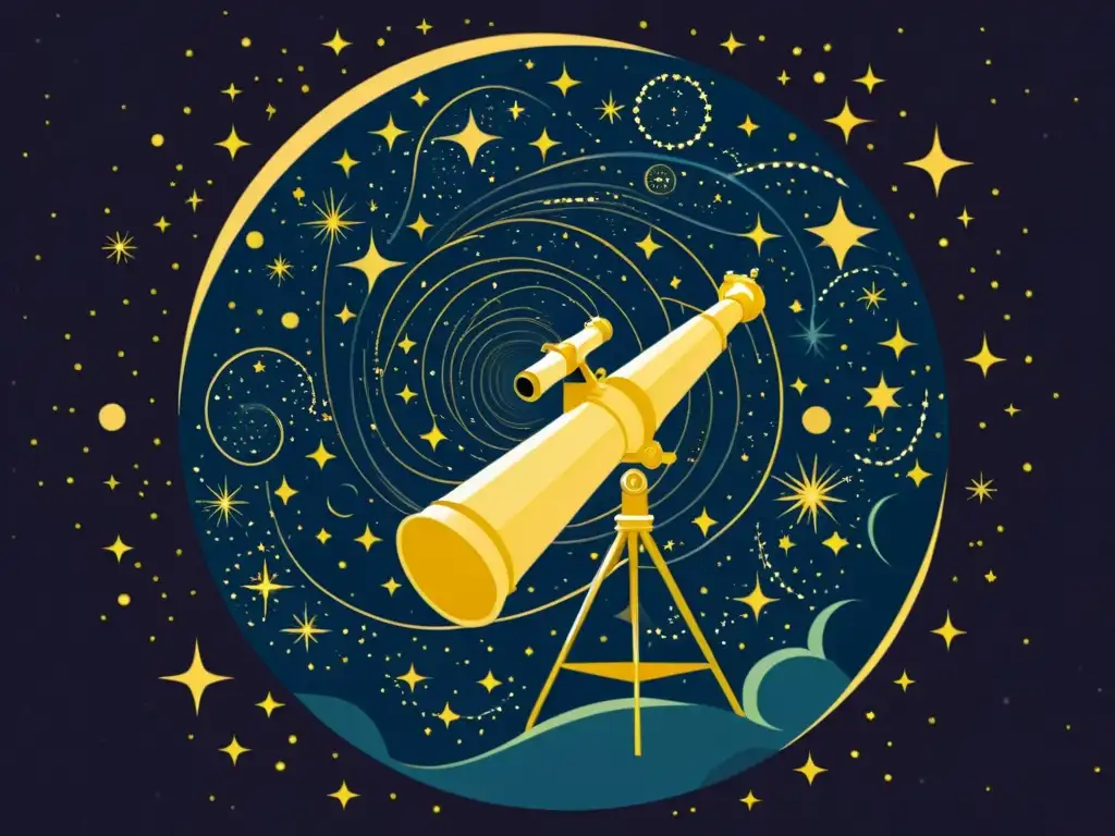 Una ilustración vintage de un majestuoso telescopio rodeado de constelaciones, con una figura mitológica como Orión o Casiopea en las estrellas