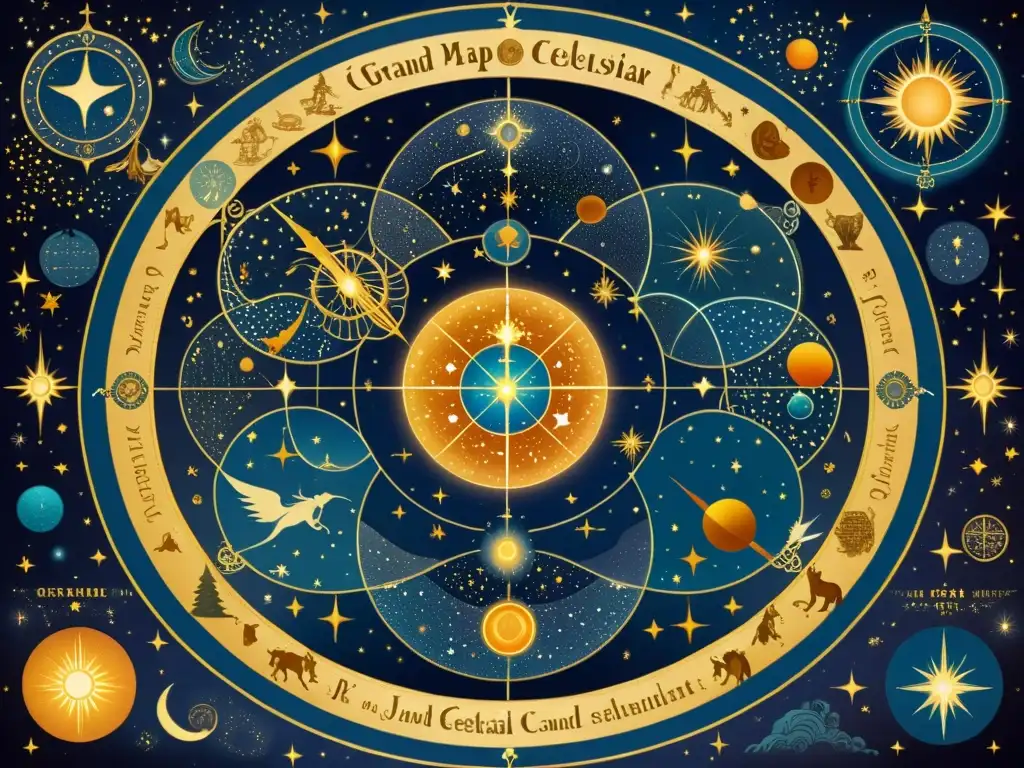 Una ilustración vintage de un mapa celeste adornado con constelaciones y seres míticos, iluminado por un cálido resplandor etéreo