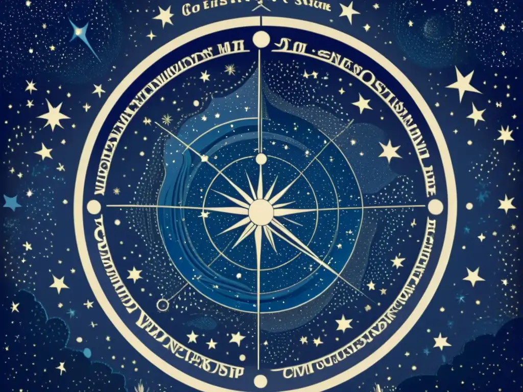 Una ilustración vintage de un mapa celeste detallado en tonos azules y blancos, evocando la belleza atemporal de la exploración celestial