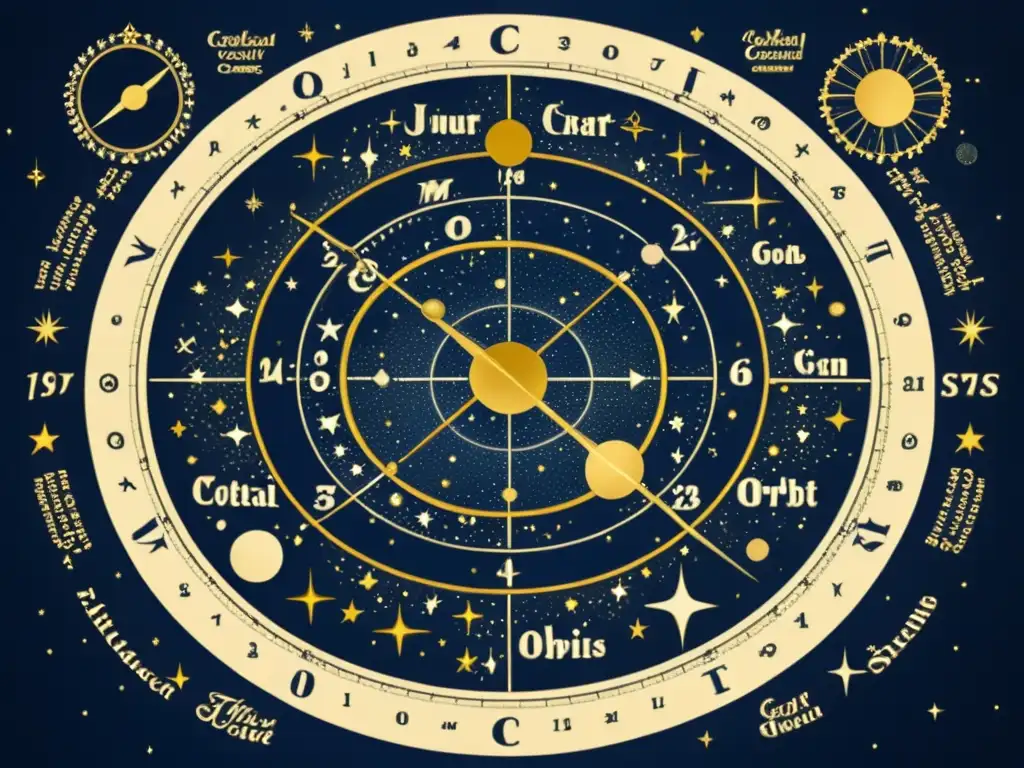 Una ilustración vintage de un mapa celeste detallado con constelaciones y órbitas planetarias, en tonos de oro y plata sobre un fondo azul marino