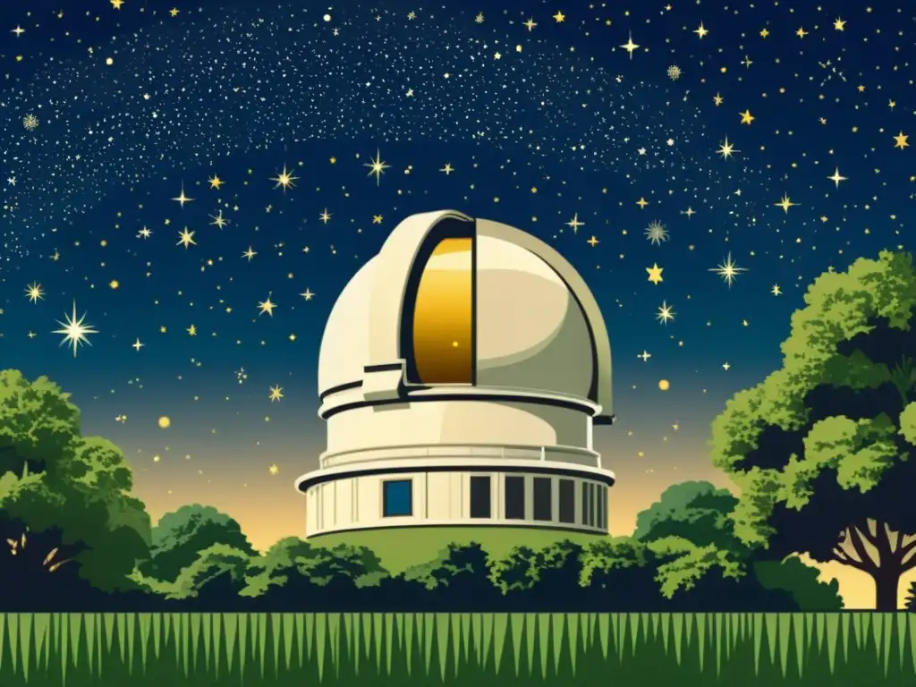 Una ilustración vintage de un observatorio con un telescopio, rodeado de naturaleza y un cielo estrellado con constelaciones