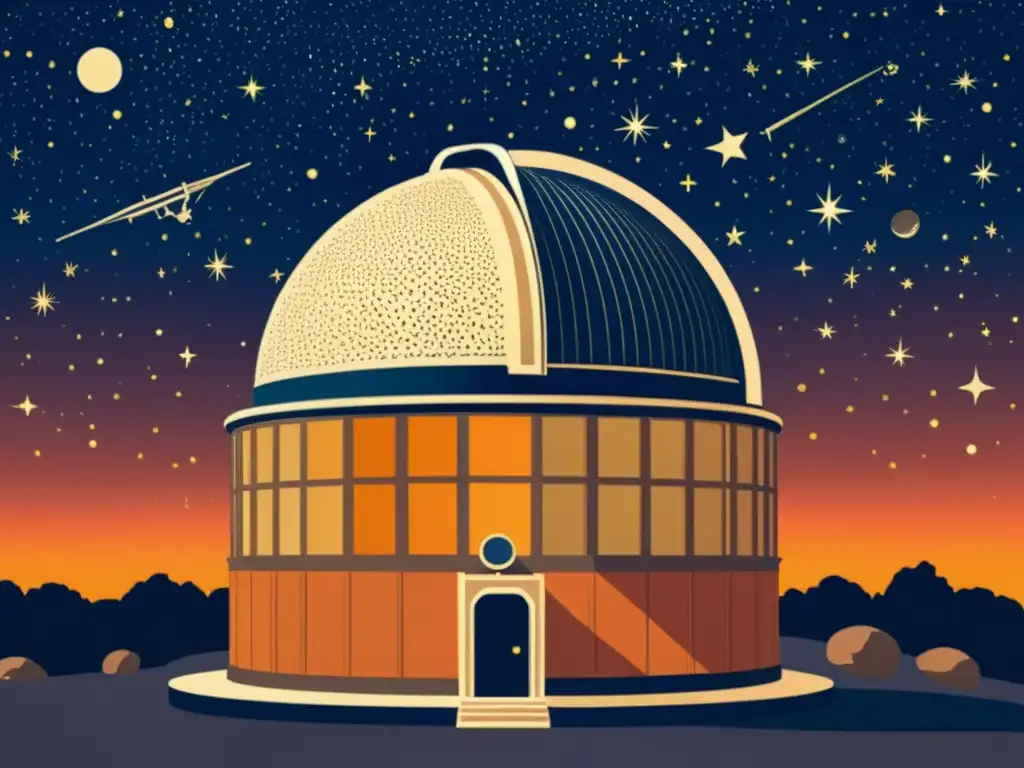 Una ilustración vintage de un observatorio tradicional, con intrincados detalles de antiguos instrumentos astronómicos y equipo de observación bajo un cielo estrellado, capturando la esencia del efecto contaminación lumínica en tradición astronómica