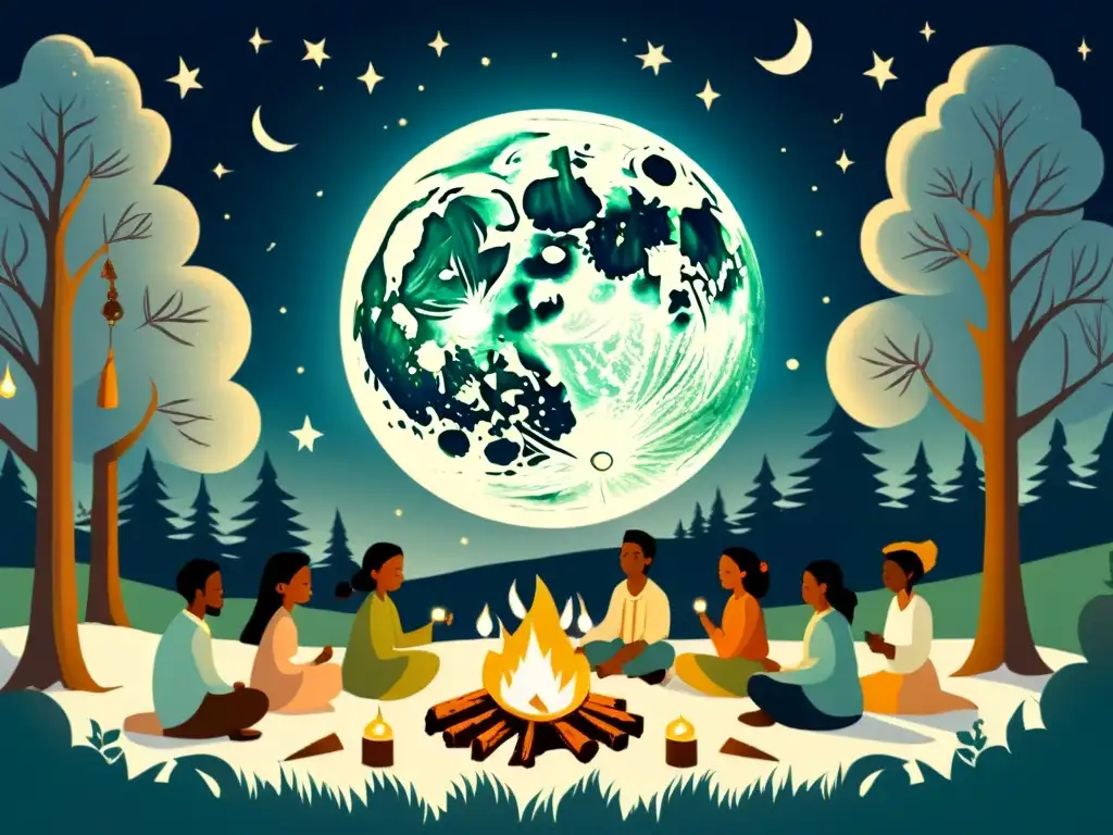 Una ilustración vintage de personas celebrando rituales bajo la luna llena en un bosque místico