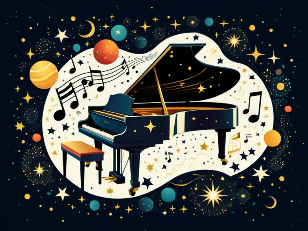 Una ilustración vintage de un piano flotando en el cosmos, rodeado de galaxias y estrellas brillantes