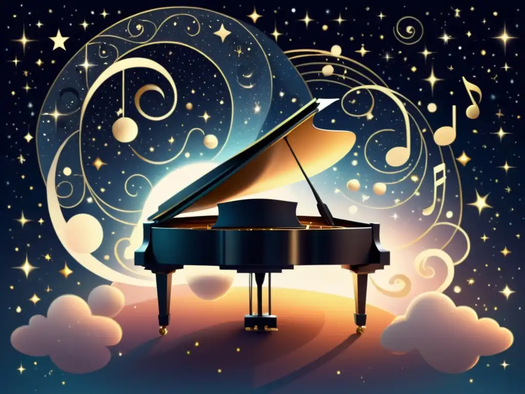 Una ilustración vintage de un piano rodeado de constelaciones y objetos celestiales, con notas musicales y polvo de estrellas entrelazados en el cielo