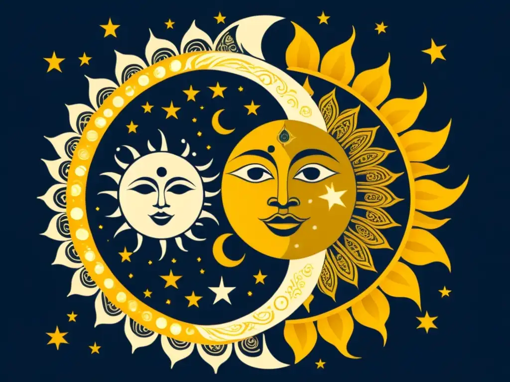 Una ilustración vintage de los poderosos dioses sol y luna en la mitología africana